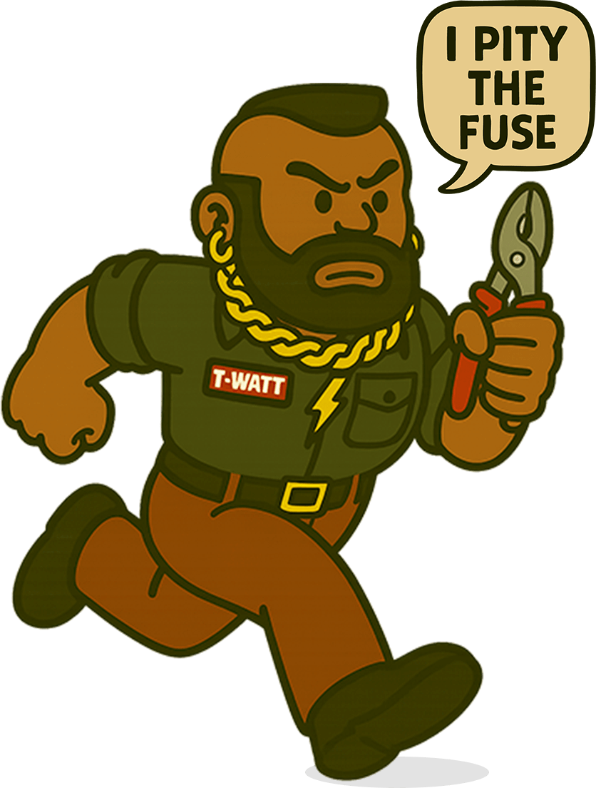 Cartoon electrician named "T-Watt" and sign saying: "I pity the fuse".