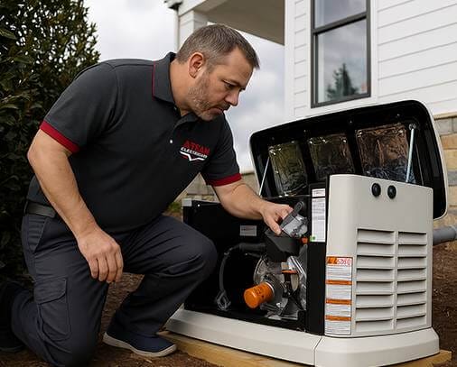 Electrician looking inside of generator outside of the house