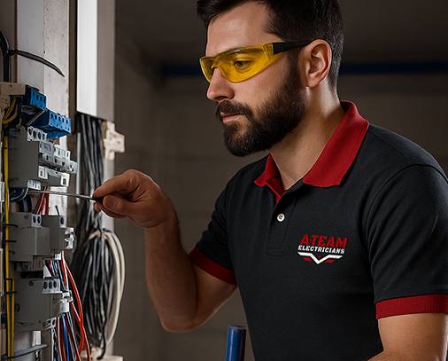 Electrician using screwdriver to fix electrical panel